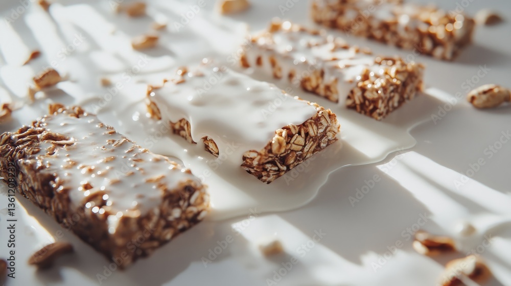 Aufkleber Close-up of assorted granola bars drizzled with milk on a pristine white surface, emphasizing the textures and flavors in a clean, minimalist style