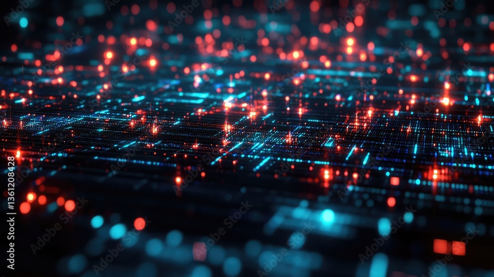 Poster close-up of glowing pixels on a digital screen forming mesmerizing red, green, and blue patterns, cr