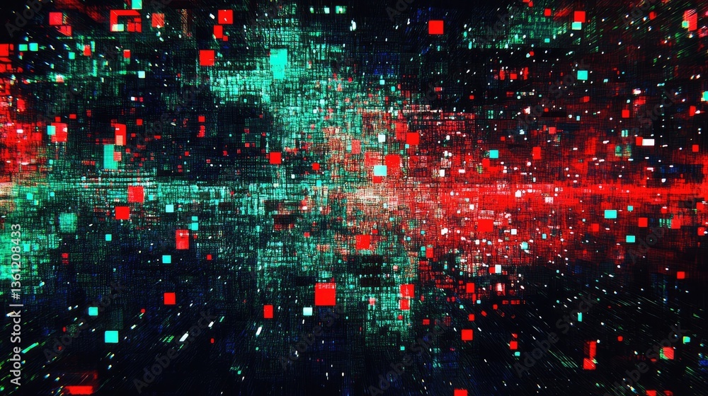 Poster close-up of glowing pixels on a digital screen forming mesmerizing red, green, and blue patterns, cr