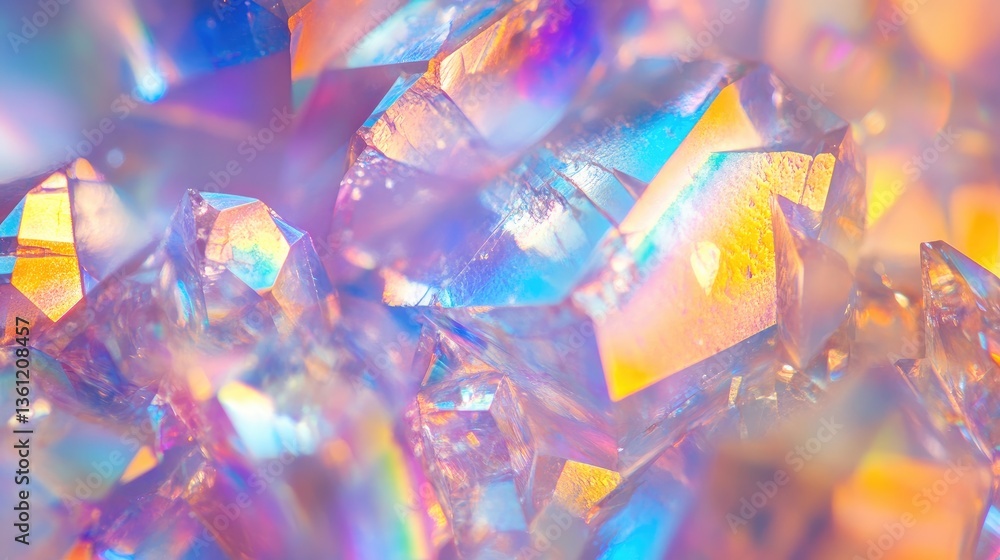 Poster close-up of iridescent rainbow crystal shards, glimmering with light and creating a beautiful, kalei