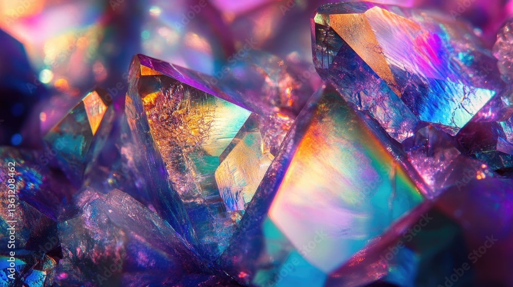 Poster Close-up of iridescent rainbow crystal shards, glimmering with light and creating a beautiful, kaleidoscopic effect