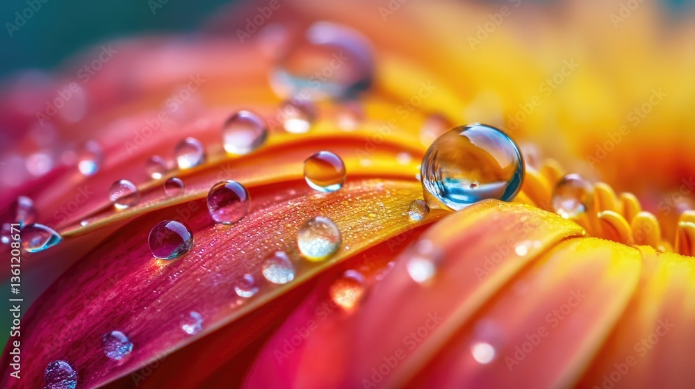 Poster dewdrops resting on a vibrant flower, with soft lighting highlighting the intricate details and vivi