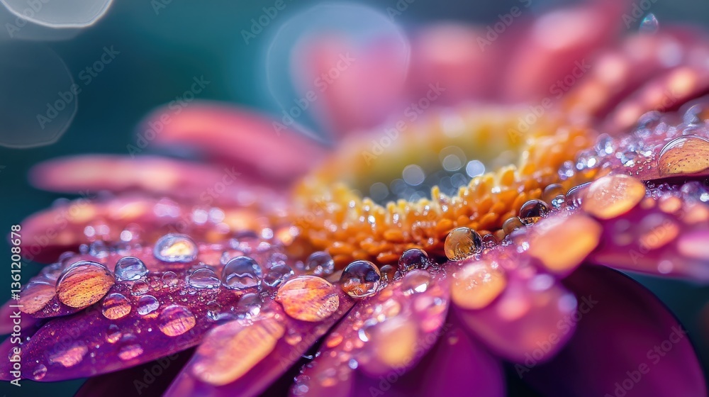 Poster dewdrops resting on a vibrant flower, with soft lighting highlighting the intricate details and vivi
