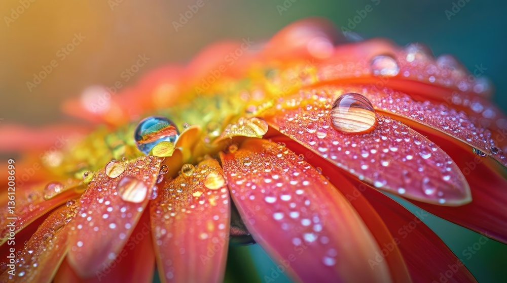 Poster dewdrops resting on a vibrant flower, with soft lighting highlighting the intricate details and vivi