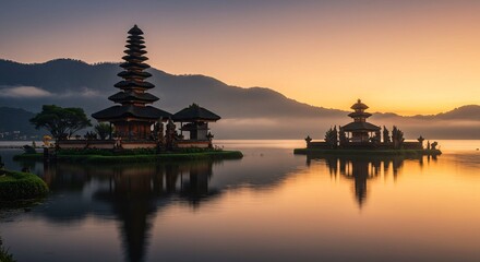 Obraz premium Serene Sunrise Over Bali Temple by the Lake with Majestic Reflections