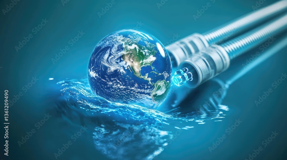Poster global digital network shown with earth connected through fiber optic cables running under the ocean