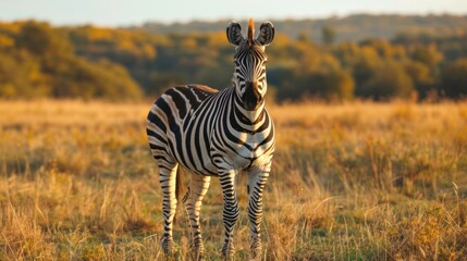 Obraz premium Zebra in golden field at sunset
