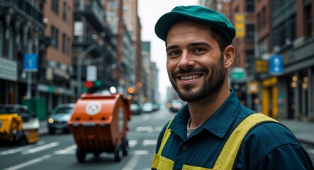 Fototapeta premium male garbage collector in urban city street portrait smile looking at camera wearing uniform