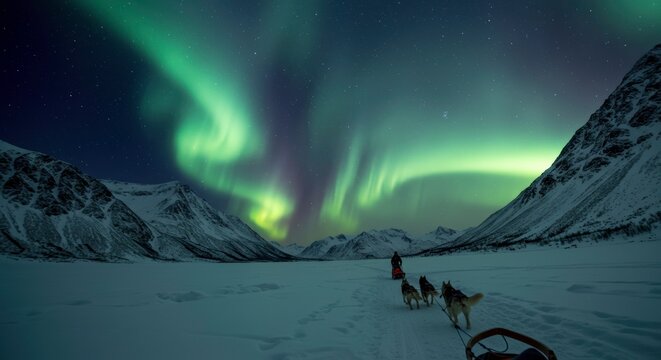 Majestic Aurora Borealis Illuminates Dogsledding Adventure Across Snowy Mountains