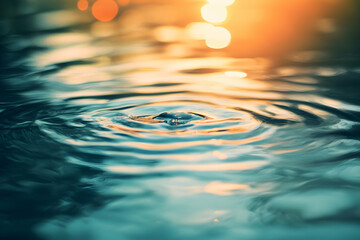 Golden light glints off gentle water ripples as a single droplet lands, creating expanding circles and a soothing, meditative mood in macro focus.