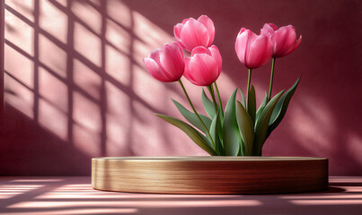 Obraz premium pink tulips on a pink background with a podium for product presentation mock-up, a beauty and cosmetic display template, and a fashion showcase scene design.