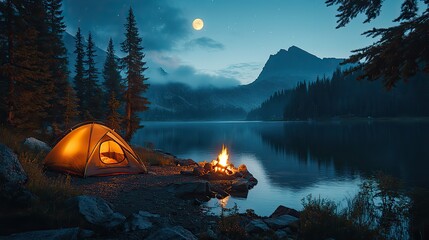 A serene campsite with a glowing campfire, a tent, and a moonlit lake creates a peaceful atmosphere
