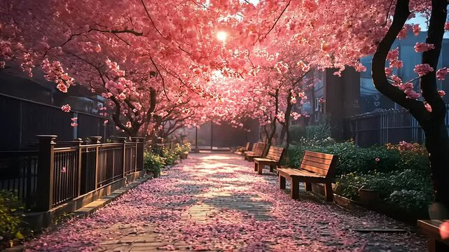 Serene cherry blossom pathway illuminated by sunlight, inviting tranquility amidst blooming flowers