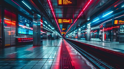 Futuristic Subway Station with Vibrant Neon Lights and Digital Billboards