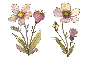 vector illustrated wildflowers, each with delicate petals and stems, varying in shape, size, and color, with no background