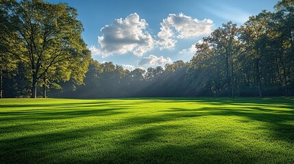 A serene green field surrounded by lush trees under a bright blue sky with fluffy clouds creates a peaceful and idyllic atmosphere