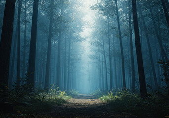 Obraz premium A misty forest path winding through dense trees enveloped in fog, creating an ethereal and mysterious atmosphere.