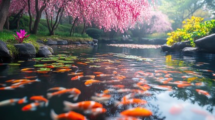 A serene koi fish pond with colorful fish swimming among lily pads, surrounded by beautiful cherry blossom trees in full bloom