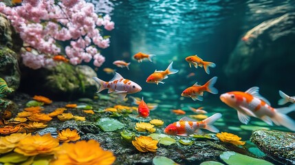 A serene koi fish pond with colorful fish swimming among lily pads, surrounded by beautiful cherry blossom trees in full bloom