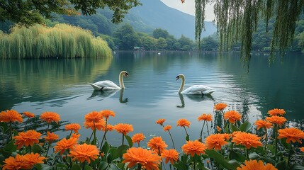 A serene lake with swans, willow trees, and vibrant flowers creates a tranquil and picturesque scene