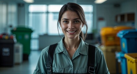 female garbage collector in blur office morning portrait smile looking at camera wearing uniform
