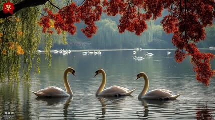 A serene lake with swans, willow trees, and vibrant flowers creates a tranquil and picturesque scene