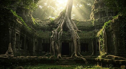 Ancient Stone Temple Ruins Overgrown by Lush Jungle Vines and Tree Roots