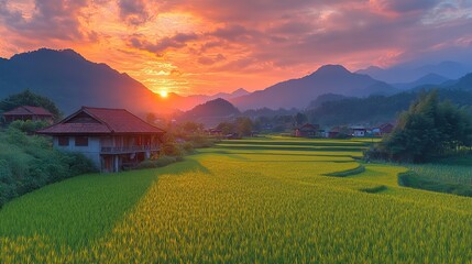 A serene rural village at sunset with rice fields and mountains creates a picturesque and calming scene