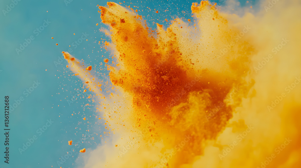 Poster vibrant orange powder explodes against a clear blue sky, creating a dynamic and colorful abstract im