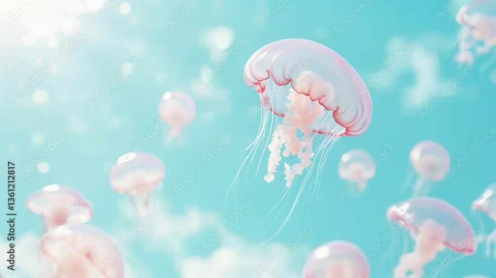 Poster dancing in the sky: numerous translucent jellyfish gently float in the vast, blue expanse of the ope