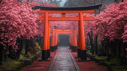 A serene Shinto shrine pathway lined with cherry blossoms and a torii gate creates a sense of reverence and beauty