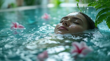A serene spa environment with a person receiving a relaxing facial massage surrounded by tranquil water The soothing atmosphere promotes peace and rejuvenation