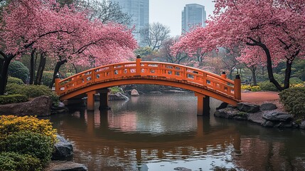 A serene urban park with cherry blossoms and a charming bridge invites tranquility and relaxation amidst the city
