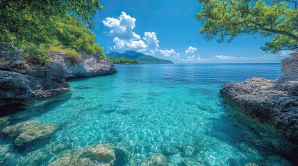 A serene view of a tropical sea cove, with crystal-clear water and a bright blue sky