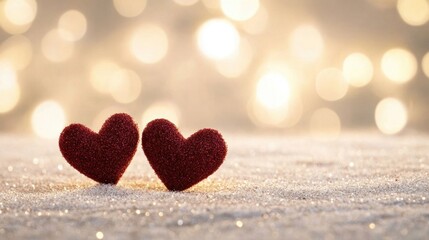 Fototapeta premium Two Red Hearts on Soft Surface with Blurred Background Lights