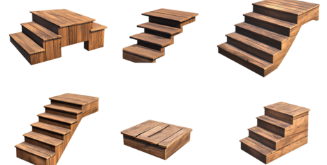 Set of wooden stairs in various angles and positions, with a transparent background