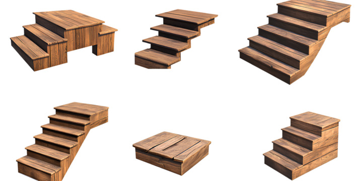  Set of wooden stairs in various angles and positions, with a transparent background