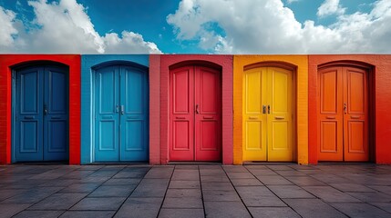 A series of colorful doors opening to the sky, symbolizing new opportunities and possibilities Vibrant colors contrast with dramatic clouds, creating a sense of wonder and exploration