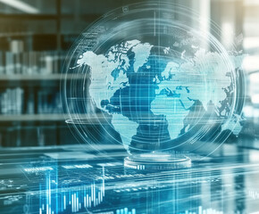 A futuristic holographic interface showing financial projections