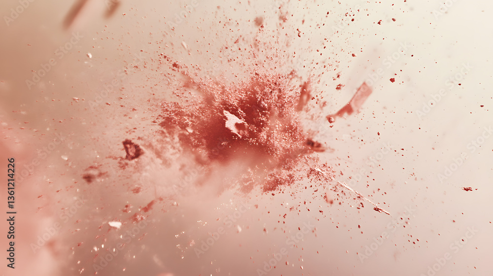 Poster abstract image of a red powder explosion against a beige background. the powder is scattered in a dy