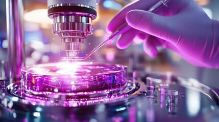Closeup of a futuristic laboratory experiment setup with a glowing microscope and colorful fluid reflection representing scientific research innovation