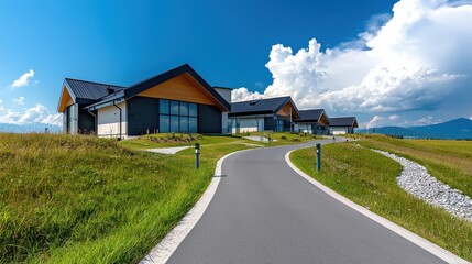 Fototapeta premium Scenic mountain landscape with cozy wooden residential buildings and a winding pathway surrounded by lush green meadows rolling hills