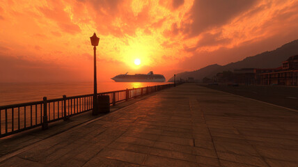 large white cruise ship is silhouetted against stunning sunset, casting warm glow over calm waters and scenic pier