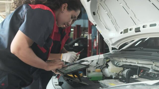 EV car check, mechanic workers coworker inspects and maintains service of electric engine and battery by application in auto garage station, professional technology transportation industry business.