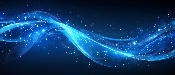 Obraz premium Abstract blue wavy lines with sparkling light particles are shown