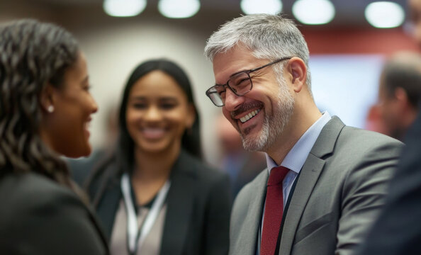 At a trade fair, the first meeting between business professionals sparks collaboration and unveils opportunities for future success through CRM. - Powered by Adobe