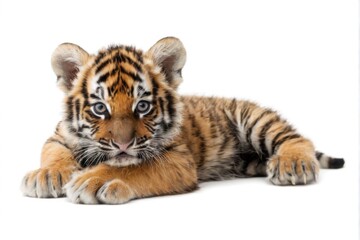 Obraz premium Young tiger cub with curious expression lying on white background, showcasing orange and black striped fur and alert ears.