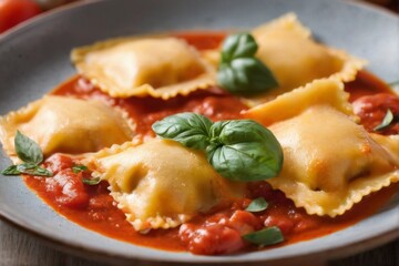 Golden brown ravioli with fresh tomato sauce, topped with melted cheese and basil on a white plate.