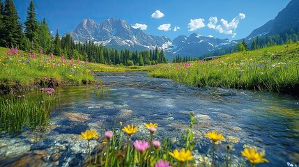 A sunny mountain river landscape features clear water flowing through green grass and colorful wildflowers, creating a breathtaking view