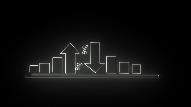 neon glowing white infographic Graph going Up and Down sign with % Flat design aanimation concept of sales bar chartsymbol icon with arrow moving down.